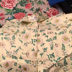 Pale yellow jeans with sleeveless floral denim vest. Brand new.